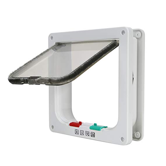 Top Munster Cat Flaps,4-Way Locking Cat Door with Door Liner Locking White Door Kit for Small Animals ( Large Size 7.4" X 7.7" X 2.1" , Telescopic Frame, Installing Easily ) - M