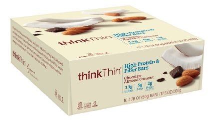 thinkThin High Protein and Fiber, Chocolate Almond Coconut, 1.76 Ounce bar (pack of 10)