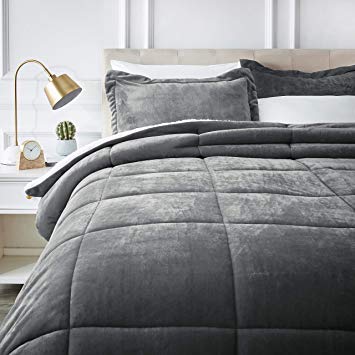 AmazonBasics Micromink Sherpa Comforter Set - Ultra-Soft, Fray-Resistant -  Full/Queen, Charcoal