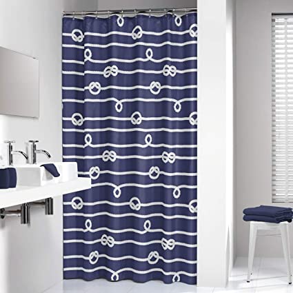 MISC Xtra Long Shower Curtain Navy Blue White Nautical Rope Knots Print Hanging Fabric Coastal Theme Bathroom Decor, 72" x 78"