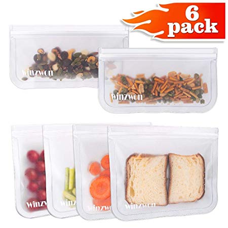 Reusable Storage Bags Winwon Freeze Safe Ziplock Leakproof Reusable Sandwich Bags 4 Pack & Snack Bags 2 Pack PEVA Food Grade Bags For Lunch,Food, Make up Home Organization Travel