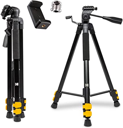 KODAK PhotoGear 62" Lightweight Tripod w/E-Guide | Compact 3-Section Flip-Lock Aluminum Tripod Adjusts 22”-62”, 3-Way Head, QuickRelease Plate, 1/4” to 3/8” Screw Adapter, Bubble Level & Carry Case