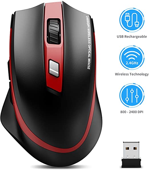 Wireless Mouse, TedGem Mouse, Silent Mouse USB Charging, Mouse for Laptop With USB Nano Receiver for PC/Laptop/Macbook -Charging and Silent (Red)