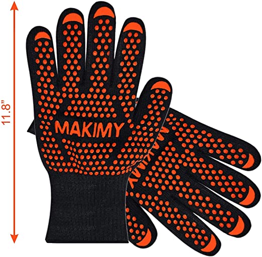 Makimy Premium Quality Heat Resistant EN407 Certified - 2 Professional Barbecue-Grill-Oven Cooking Gloves   Bonus 50 BBQ Recipes - Size XL
