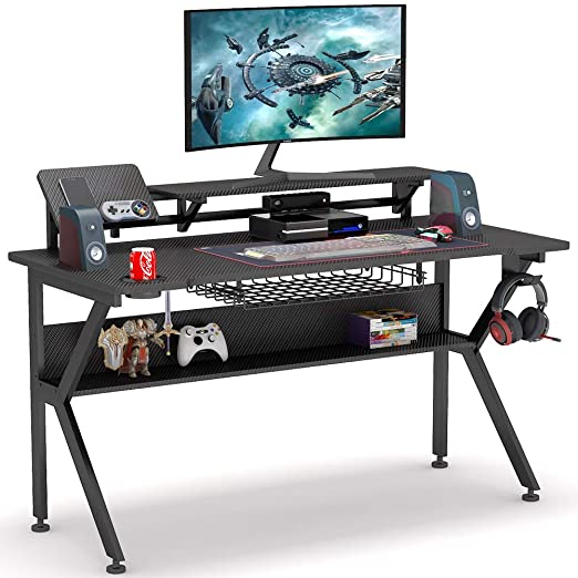 Tribesigns Ergonomic Gaming Desk with Monitor Stand, 47 inch K-Shaped Computer PC Gaming Desk with Storage Shelf, Game Table Gamer Workstation with Cup Holder, Headphone Hook for Home Office (Black)