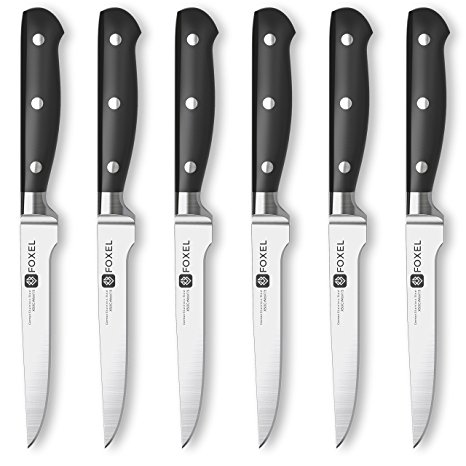 FOXEL Premium Stylish Steak Knife Set Gift Box, Sharp Rust-Proof German Stainless Steel Straight Edge Blade, Perfect Gourmet Cutlery Gift