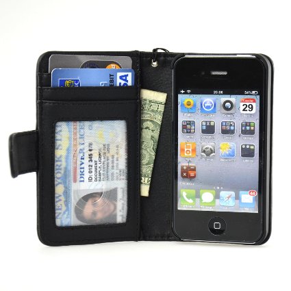 New Deluxe Folio Wallet Leather for iPhone 4 4S Case Multifunctional - Pockets to Keep Your Belongings Safe - Available in Black