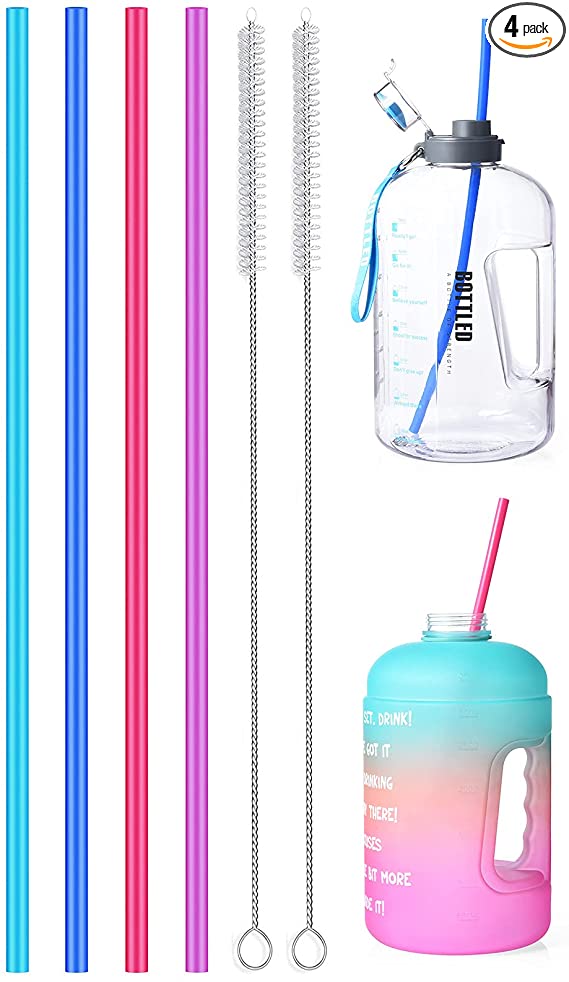 ALINK 15 inch Extra Long Reusable Silicone Straws, 4-Pack Flexible Straws for 1 Gallon Water Bottles, 128 64 oz Tumbler with Cleaning Brush