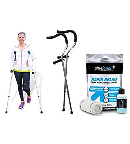 The Life Crutch - 1 Pair of Universal Size Crutches 4'6" - 6'7" with Adjustable Ergonomic Handles for Adults and Children Plus Physicool Combination Pack A-Bandage and 5oz Coolant