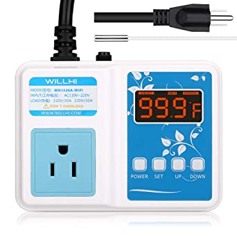 WILLHI 1436A-WIFI Temperature Controller WiFi Digital Thermostat Outlet Bluetooth Remote Control 110V Temp Controller Heater and Cooler with Waterproof Probe Brewing Fermentation Breeding Greenhouse