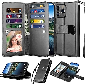 NJJEX Wallet Case for iPhone 15 Pro 6.1" 2023, for iPhone 15 Pro Case, [9 Card Slots] PU Leather ID Credit Holder Folio Flip [Detachable] Kickstand Magnetic Phone Cover & Lanyard [Black]