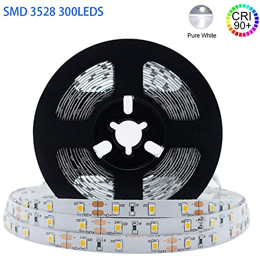 LightingWill LED Strip Light CRI90 SMD3528 16.4Ft(5M) 300LEDs Daylight White 5000K-6000K 60LEDs/M DC12V 24W 4.8W/M 8mm White PCB Flexible Ribbon Strip with Adhesive Tape Non-Waterproof H3528PW300N