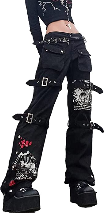 Harajuku Gothic Fashion Patchwork Black Jeans Punk Grunge Aesthetic Women Autumn Electro Pants Emo Printed Streetwear