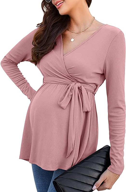 Coolmee Maternity Tops Women's Knit Long Sleeve V Neck Lace Up Tunic Casual Pregnancy Blouse Nursing Shirts