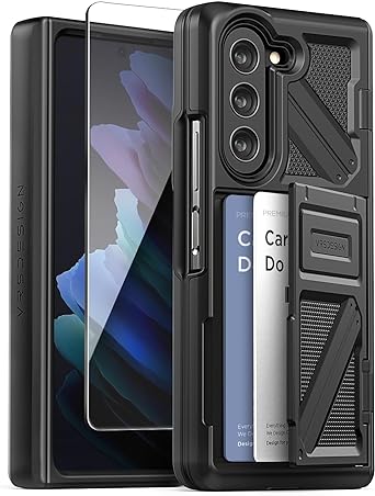 VRS DESIGN Phone Case for Galaxy Z Fold 5 5G Phone Case (2023)[Terra Guard Ultimate GO], Wallet Case [Holds 2 Cards] Premium Sturdy Hinge Protection w/Tempered Glass Screen Protector (Matte Black)