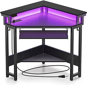 Rolanstar Corner Desk, 44.5" W x 34.5" H Small Carbon Fiber Computer Desk with Power Outlets, LED Lights and Keyboard Tray, Small Office Computer Desk with Monitor Stand for Small Space, Carbon Black