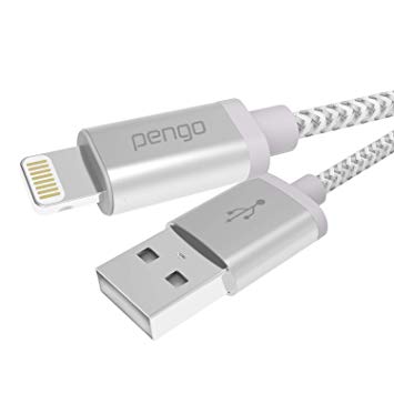 PENGO USB Cable with Lightning Connector, Double-Braided Nylon Lightning Cable, MFi Certified Charger and Sync/Data for Apple iPhone X/8/8 Plus 7/7, Airpod, iPad Charger, Tangle-Free (3.9 ft)(Silver)