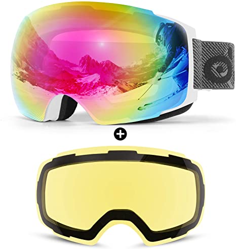 Odoland Magnetic Interchangeable Ski Goggles with 2 Lens, Large Spherical Frameless Snow Goggles for Men & Women, OTG and UV400 Protection