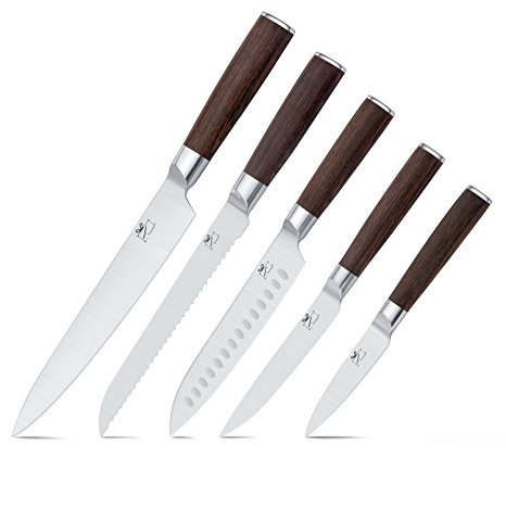 Chef Knife,Yuteea Professional Stainless Steel Sharp Knife 8'' & 7'' Inch Chef Knife 8'' Bread Knife 5'' Utility Knife 3.5'' Paring Knife,Kitchen Knife Set