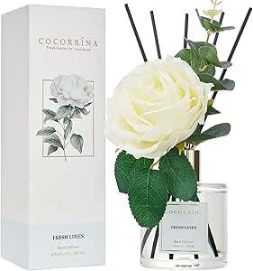 Cocorrína Flower Reed Diffuser - Fresh Linen Scented Diffuser with Sticks Home Fragrance Essential Oil for Bathroom Shelf Decor (Artificial Flower)