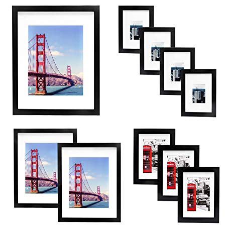 Vsadey 10 Pack Picture Frames Collage Wooden Photo Frames Wall Gallery Kit for Wall and Home with Mat, One 11x14 in, Two 8x10 in, Three 5x7 in, Four 4x6 in, Black