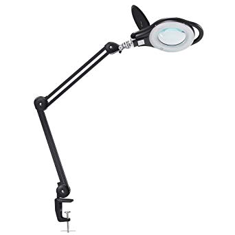 LED Magnifier Lamp, PHIVE Dimmable Magnifying Desk Lamp/Task Light with Clamp (3 Lighting Modes, 5 Diopter, 5'' Diameter Glass Lens, Dust Cover) Swing Arm Workbench, Drafting, Work Light