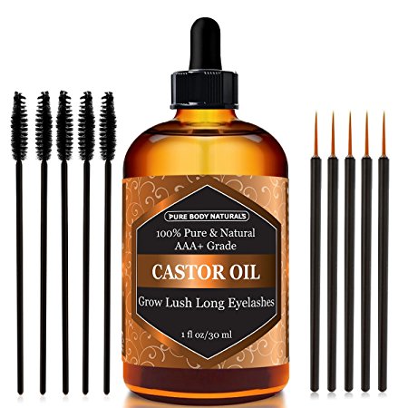 Organic Castor Oil - 100% Certified Pure Cold Pressed, Hexane free - Boost Growth For Eyelashes, Hair, Eyebrows, Face and Skin - with Treatment Applicator Kit, 1oz (30ml)