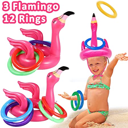 Camlinbo 3 Pack Flamingo Ring Toss Pool Game Toys, Inflatable Pool Toys Hawaiian Luau Beach Party Supplies Carnival Outdoor Summer Pool Party Games for Kids Adults Family (3 Flamingo,12 Rings)