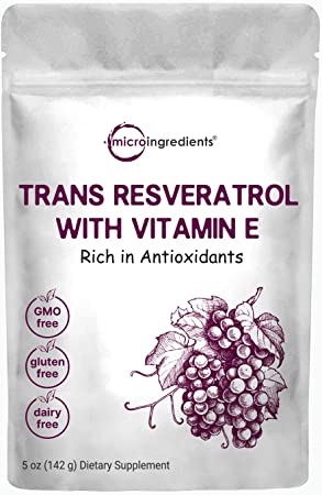 Pure Trans-Resveratrol Powder with Vitamin E, 5 Ounce, Super Antioxidant for Cardiovascular Support, Non-GMO and Vegan Friendly