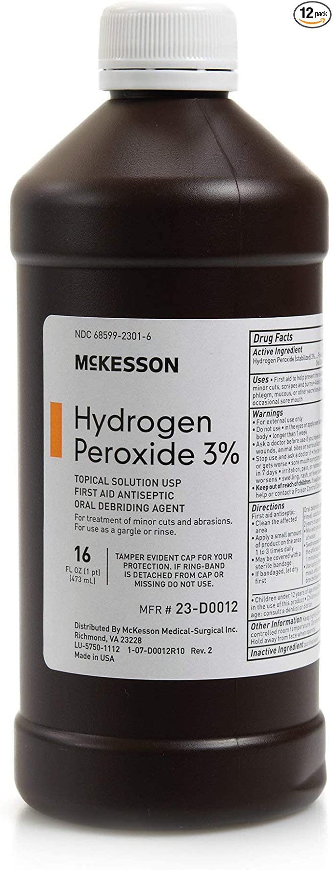 McKesson Antiseptic Hydrogen Peroxide 3% Strength 16oz Bottle (12 Bottles)