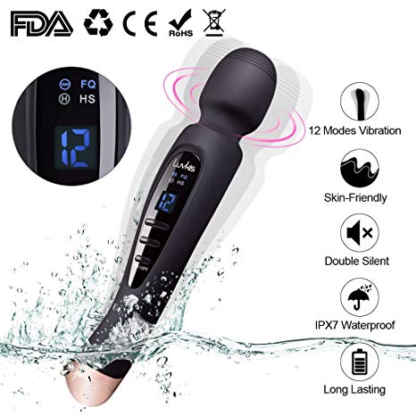 Luvkis Tommy Wand Massager Dildo Vibrator with LED Display Multi Speed 12 Patterns Sex Toy Electric Massager Waterproof Magnetic Charger for Women Sex Or Muscle Relief-Black