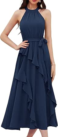 GRACE KARIN Women's 2024 Summer Sleeveless Halter Neck Ruffle Hem Split Flowy Swing Long Midi Dress with Belt