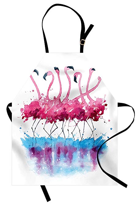 Ambesonne Animal Apron, Flamingos Love Birds Feather Romance Brushstroke Splash Watercolor Effect, Unisex Kitchen Bib Apron with Adjustable Neck for Cooking Baking Gardening, Pink Blue Purple