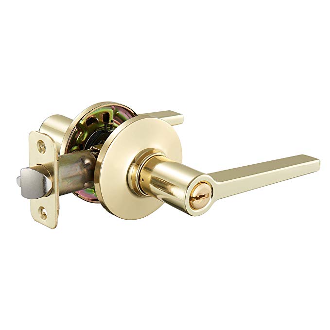 AmazonBasics Manchester Entry Door Lever with Lock, Polished Brass