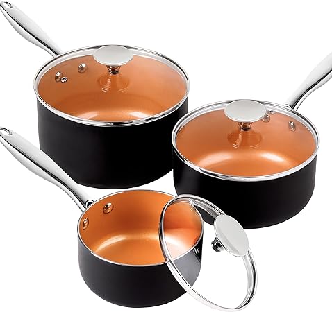 MICHELANGELO Sauce Pan Set with Lid, Ultra Nonstick Coppper Sauce Pans 1 QT & 2QT & 3QT, Sauce Pot Set with Lid, Ceramic Nonstick Saucepan Set, Nonstick Pot Set 3 Piece