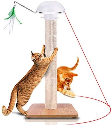 Huicocy Cat Scratching Post,35 inches Tall Cat Tree Detachable Cat Scratcher Post Covered by Allergen-Free Durable Sisal with Interactive Auto Rotating Light Feather Cat Chaser Toy