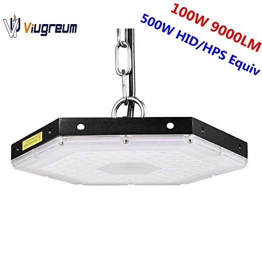 Viugreum LED High Bay Light, 100W UFO Commercial Bay Lighting Fixtures, 9000LM 6500K 1500W HID/HPS Equivalent, IP65 Waterproof Super Bright Warehouse Workshop Outdoor Area Light (with Hanging Chain)
