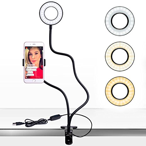 Cell Phone Holder with Selfie Ring Light for Live Stream, Makeup and Video Chat, Clamp-on Lazy Bracket Desk Lamp [ 3-light Mode,14-level Brightness] with Flexible Long Arm for Bedroom, Office, Kitchen