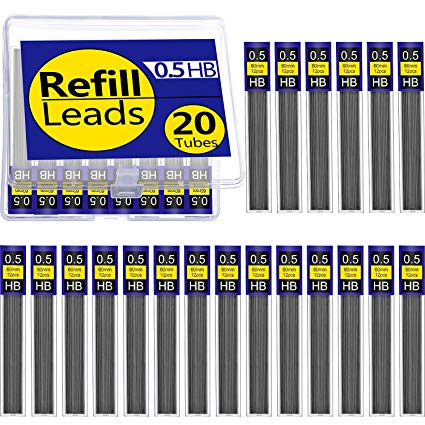 Tatuo 20 Tubes HB Black Lead Refills Mechanical Pencil Refills with Plastic Box, 240 Pieces (0.5 mm)