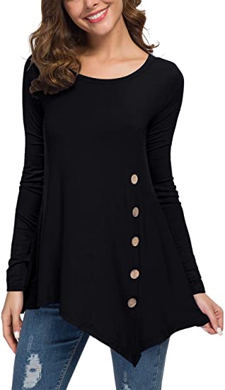 Jouica Women's Long Sleeve Scoop Neck Button Side Asymmetrical Tunic Top