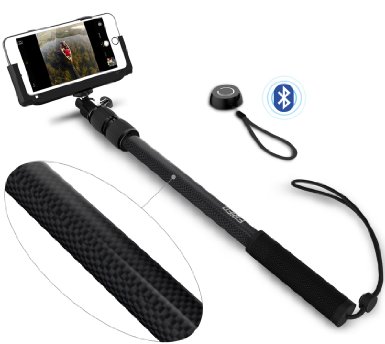 Selfie Stick, FRiEQ Light Carbon Fiber Pro 3-In-1 Self-portrait Monopod Extendable Wireless Bluetooth Selfie Stick with built-in Bluetooth Remote Shutter and Adjustable Holder for Apple iPhone 6, iPhone 6 Plus, iPhone 5/5s/5c, Android Phones and Cameras