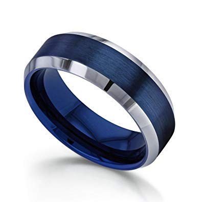 8mm Electric Blue Brushed Finish Comfort Fit Beveled Edge Mens Tungsten Band Ring
