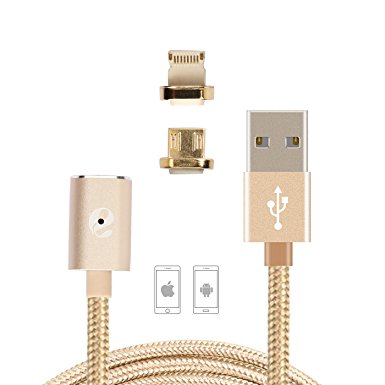 2 in 1 Magnetic USB Cable, VOLADOR 3.3ft Lighting and Micro USB Braided Charging Sync Cord for Android and Apple Devices (Gold)