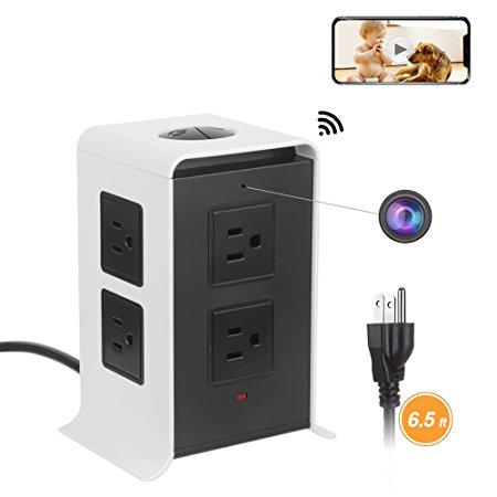 Spy Hidden Camera,ESLIBAI Wireless Vertical Power Strip HD 1080P Nanny Cam with WiFi Remote View, Motion Detection,Overload Protection 8 Outlets and 4 USB Ports,6.5 Feet Cord for Home and Office