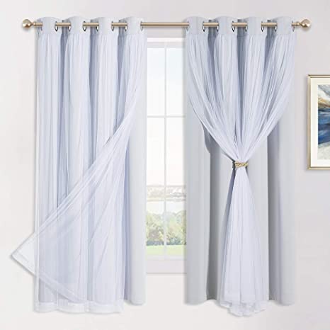 PONY DANCE White Blackout Curtains with Sheer - Curtains 63 Inches Long Grommet Top Window Panels Light Blocking Draperies for Bedroom with Extra Tie-Backs (52 inch Wide, Greyish White, 2 PCs)
