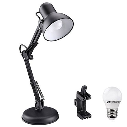 LE® Swing Arm Desk Lamp, C-Clamp Table Lamp, Flexible Arm, Replaceable Bulb, Classic Architect Clamp-on Desk Lamp, Black Painted Lamp, 5W G45 E26 LED Bulb included