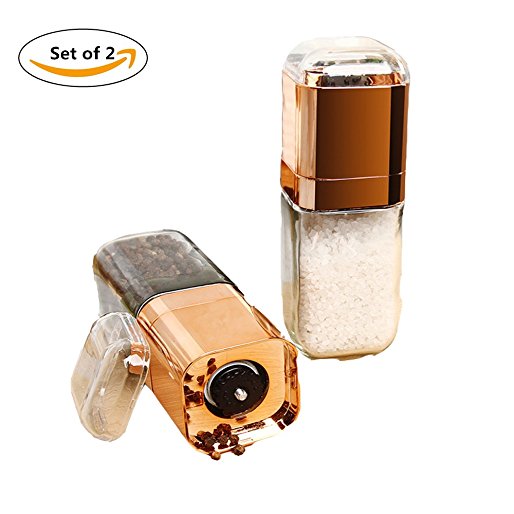 Glass Salt and Pepper Grinder Mills,Kitchen Shakers with Adjustable Ceramic Rotor,6 Oz Glass Tall Body Square Cruet,Pepper Mill By XNWY (Rose Gold Grinder, Set of 2)