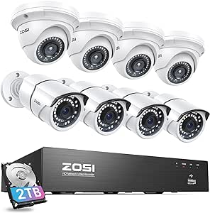 ZOSI 4K 8CH PoE Security Camera System, 8 Ports 16CH 8MP NVR Recorder with 2TB HDD, 8pcs Weatherproof 5MP Outdoor Indoor Home Surveillance IP Cameras, Night Vision, Motion Alert, for 24/7 Recording