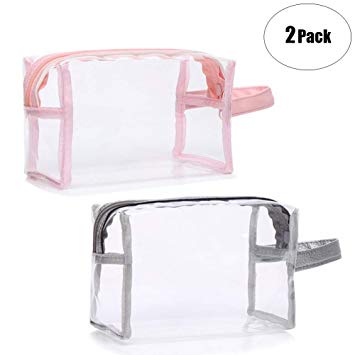 2 Pack Clear Makeup Bag Transparent Travel Cosmetic Bag Organizer Clutch Purse PVC Zipper Toiletries Pouch Handbag Make-up Storage Cases with Handle for Women,Pink Silver