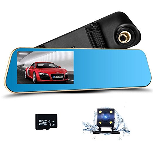 Podofo Dual Lens Car Camera Dash Cam Full HD 1080P Vehicle Video Recorder with 4.3-inch Rear View Mirror Monitor For Front and Rear DVR, 16GB Micro SD Card Included
